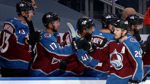 EDMONTON, ALBERTA - AUGUST 31: Nathan MacKinnon #29 of the Colorado Avalanche celebrates his goal against the Dallas Stars with teammates after making the score 3-0 during the first period of Game Five of the Western Conference Second Round during the 2020 NHL Stanley Cup Playoffs at Rogers Place on August 31, 2020 in Edmonton, Alberta.