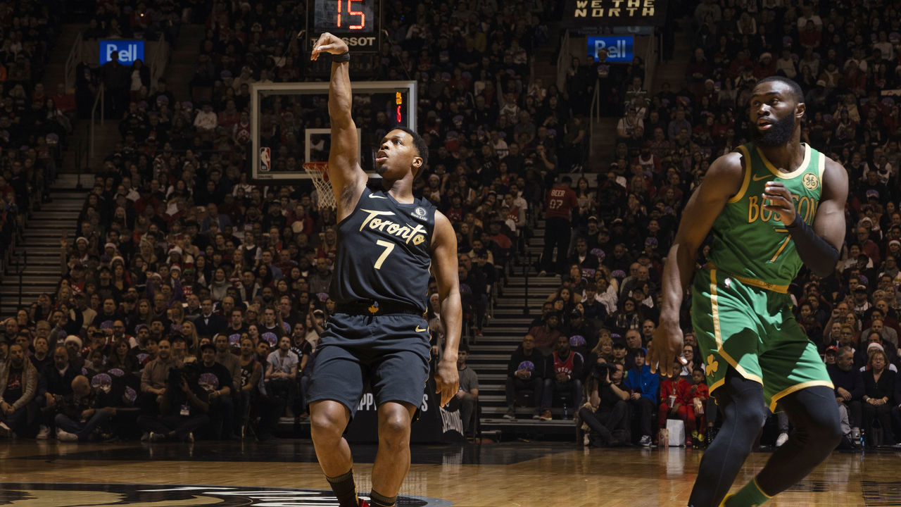 TORONTO, CANADA - DECEMBER 25: Kyle Lowry #7 of the Toronto Raptors celebrates a three point basket against the Boston Celtics on December 25, 2019 at the Scotiabank Arena in Toronto, Ontario, Canada. Mandatory Copyright Notice: Copyright 2019 NBAE