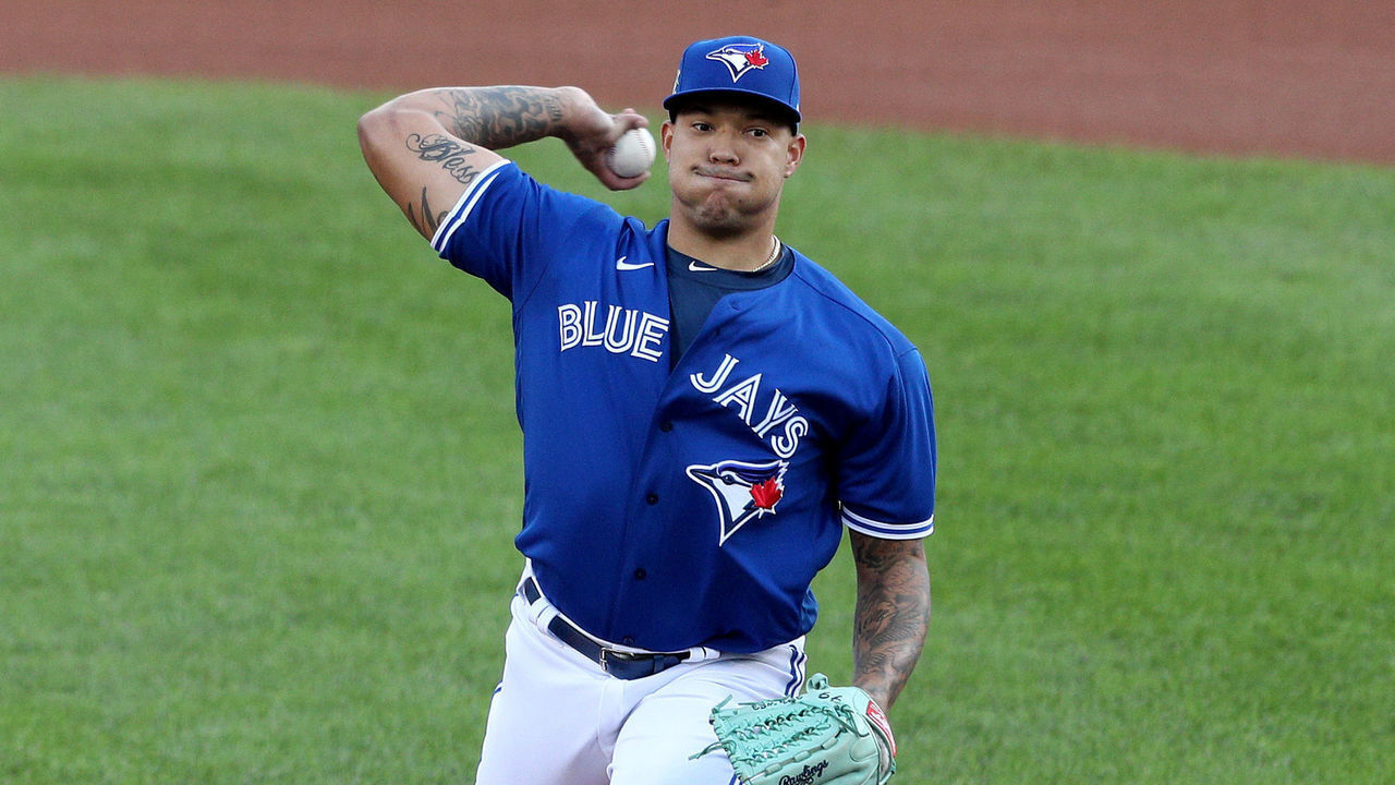 BUFFALO, NEW YORK - AUGUST 29: Taijuan Walker #42 of the Toronto Blue Jays pitches during the first inning against the Baltimore Orioles at Sahlen Field on August 29, 2020 in Buffalo, New York. All players are wearing #42 in honor of Jackie Robinson Day. The day honoring Jackie Robinson, traditionally held on April 15, was rescheduled due to the COVID-19 pandemic. The Blue Jays are the home team and are playing their home games in Buffalo due to the Canadian government’s policy on coronavirus (COVID-19).