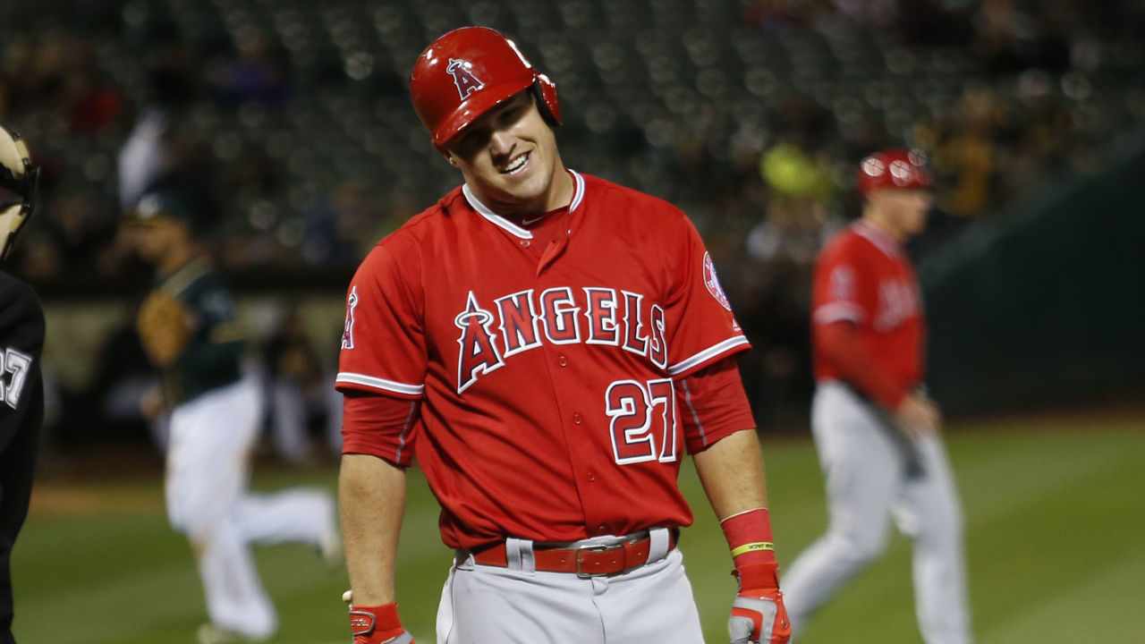 OAKLAND, CA - APRIL 11: An unhappy Mike Trout #27 of the Los Angeles Angels of Anaheim stands at the plate after being called out on strikes during the game against the Oakland Athletics at the Oakland Coliseum on April 11, 2016 in Oakland, California. The Angels defeated the Athletics 4-1.