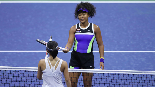 NEW YORK, NEW YORK - AUGUST 31: Naomi Osaka of Japan taps rackets after winning during her Women’s Singles first round match against Misaki Doi of Japan on Day One of the 2020 US Open at the USTA Billie Jean King National Tennis Center on August 31, 2020 in the Queens borough of New York City.