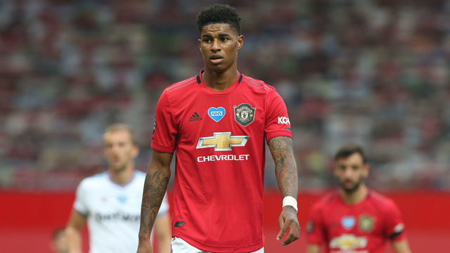 MANCHESTER, ENGLAND - JULY 22: Marcus Rashford of Manchester United in action during the Premier League match between Manchester United and West Ham United at Old Trafford on July 22, 2020 in Manchester, England.