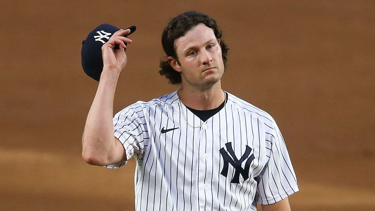 NEW YORK, NEW YORK - AUGUST 31: Gerrit Cole #45 of the New York Yankees reacts in the first inning against the Tampa Bay Rays at Yankee Stadium on August 31, 2020 in New York City.