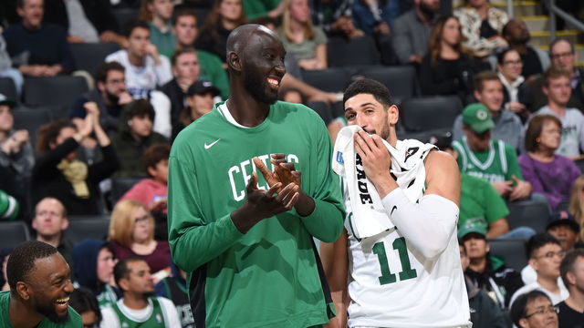 BOSTON, MA - OCTOBER 6: Tacko Fall #99 of the Boston Celtics and Enes Kanter #11 of the Boston Celtics shares a laugh during the game against the Charlotte Hornets on October 6, 2019 at the TD Garden in Boston, Massachusetts. Mandatory Copyright Notice: Copyright 2019 NBAE