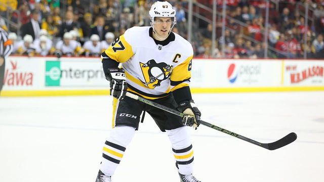 NEWARK, NJ - MARCH 10: Pittsburgh Penguins center Sidney Crosby (87) during the National Hockey League game between the New Jersey Devils and the Pittsburgh Penguins on March 10, 2020 at the Prudential Center in Newark, NJ.