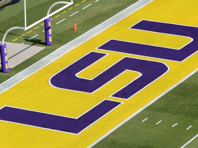 BATON ROUGE, LA - OCTOBER 22: A detail of the logo on the field of the LSU Tigers prior to the the game against the Auburn Tigers at Tiger Stadium on October 22, 2011 in Baton Rouge, Louisiana.