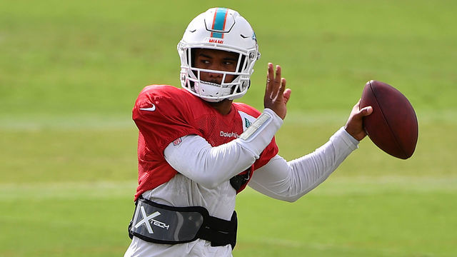 DAVIE, FLORIDA - AUGUST 26: Tua Tagovailoa #1 of the Miami Dolphins drops back to pass during training camp at Baptist Health Training Facility at Nova Southern University on August 26, 2020 in Davie, Florida.