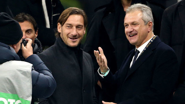 MILAN, ITALY - DECEMBER 06: Francesco Totti and Guido Fienga AD of As Roma pose at the Stadium Prior to the Serie A match between FC Internazionale and AS Roma at Stadio Giuseppe Meazza on December 6, 2019 in Milan, Italy.