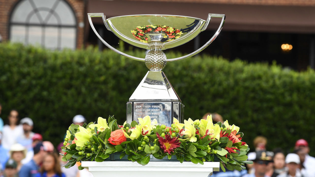 ATLANTA, GA - AUGUST 25: A veiw of the FedExCup trophy on the 18th green during the TOUR Championship, the final event of the FedExCup Playoffs, at East Lake Golf Club on August 25, 2019 in Atlanta, Georgia.