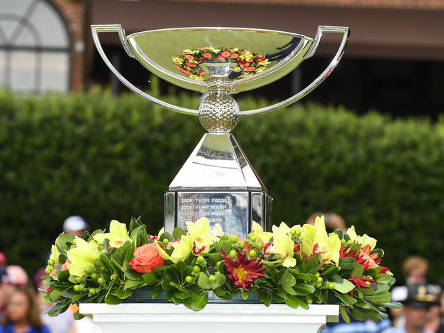 ATLANTA, GA - AUGUST 25: A veiw of the FedExCup trophy on the 18th green during the TOUR Championship, the final event of the FedExCup Playoffs, at East Lake Golf Club on August 25, 2019 in Atlanta, Georgia.