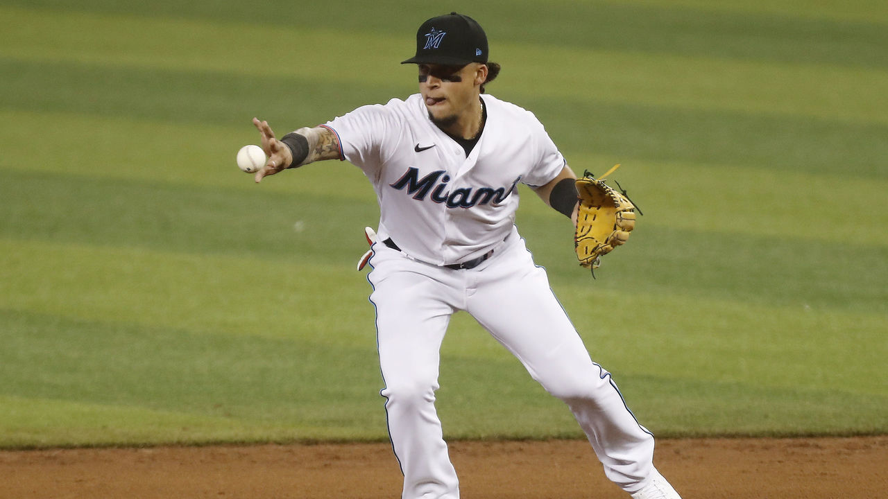 MIAMI, FLORIDA - JULY 10: Isan Diaz #1 of the Miami Marlins turns a double play during a simulated game at Marlins Park on July 10, 2020 in Miami, Florida.