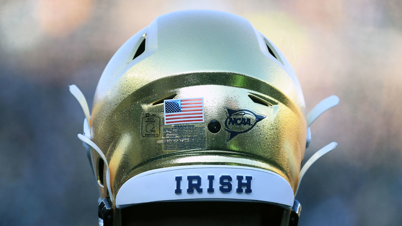SOUTH BEND, IN - NOVEMBER 16: A detail view of the Irish logo is seen on the back of a Notre Dame Fighting Irish helmet in game action during a game between the Notre Dame Fighting Irish and the Navy Midshipmen on November 16, 2019 at Notre Dame Stadium in South Bend, IN.