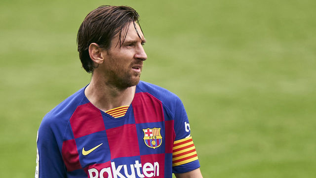 VIGO, SPAIN - JUNE 27: Lionel Messi of FC Barcelona looks on during the Liga match between RC Celta de Vigo and FC Barcelona at Abanca-Balaídos on June 27, 2020 in Vigo, Spain.