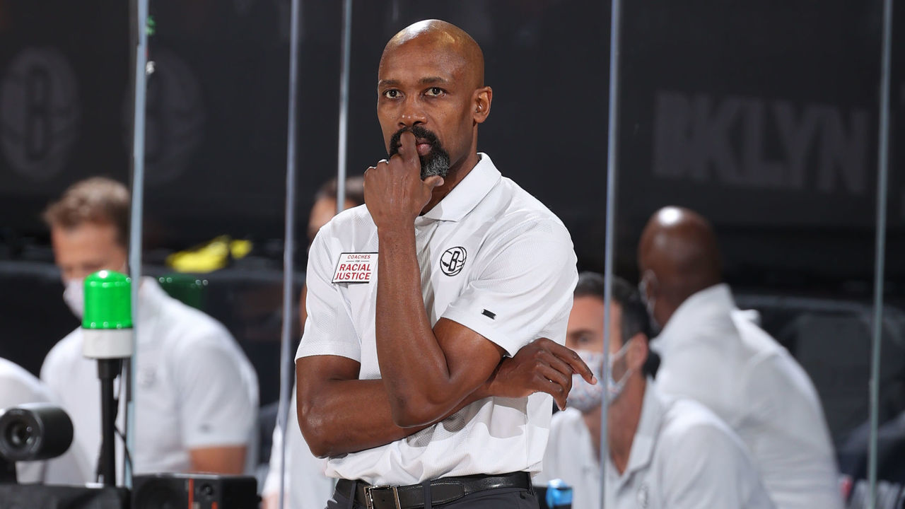 ORLANDO, FL - AUGUST 23: Interim Head Coach, Jacque Vaughn of the Brooklyn Nets looks on during the game against the Toronto Raptors during Round One, Game Four of the NBA Playoffs on August 23, 2020 at the The Field House at ESPN Wide World Of Sports Complex in Orlando, Florida. NOTE TO USER: User expressly acknowledges and agrees that, by downloading and/or using this Photograph, user is consenting to the terms and conditions of the Getty Images License Agreement. Mandatory Copyright Notice: Copyright 2020 NBAE