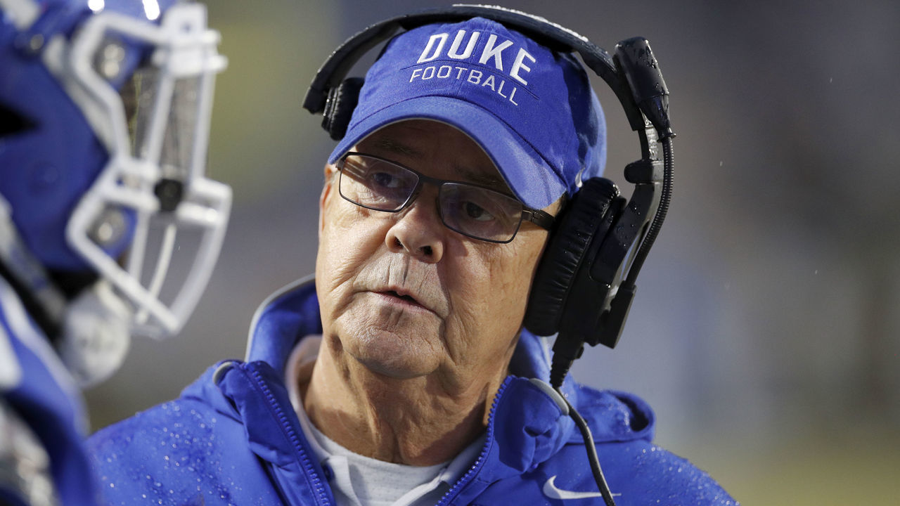 DURHAM, NC - NOVEMBER 30: Head coach David Cutcliffe of the Duke Blue Devils talks to a player during a game against the Miami Hurricanes at Wallace Wade Stadium on November 30, 2019 in Durham, North Carolina. Duke defeated Miami 27-17.