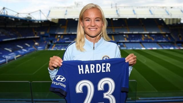 LONDON, ENGLAND - SEPTEMBER 01: Pernille Harder poses for a photo as she signs for Chelsea FC Women at Stamford Bridge on September 01, 2020 in London, England.