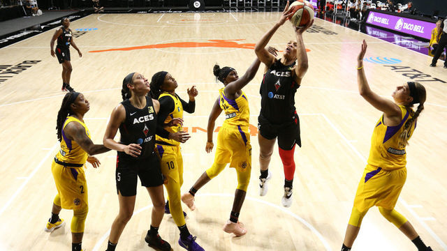 PALMETTO, FL - AUGUST 7: A'ja Wilson #22 of the Las Vegas Aces shoots the ball against the Los Angeles Sparks on August 7, 2020 at Feld Entertainment Center in Palmetto, Florida. NOTE TO USER: User expressly acknowledges and agrees that, by downloading and/or using this Photograph, user is consenting to the terms and conditions of the Getty Images License Agreement. Mandatory Copyright Notice: Copyright 2020 NBAE