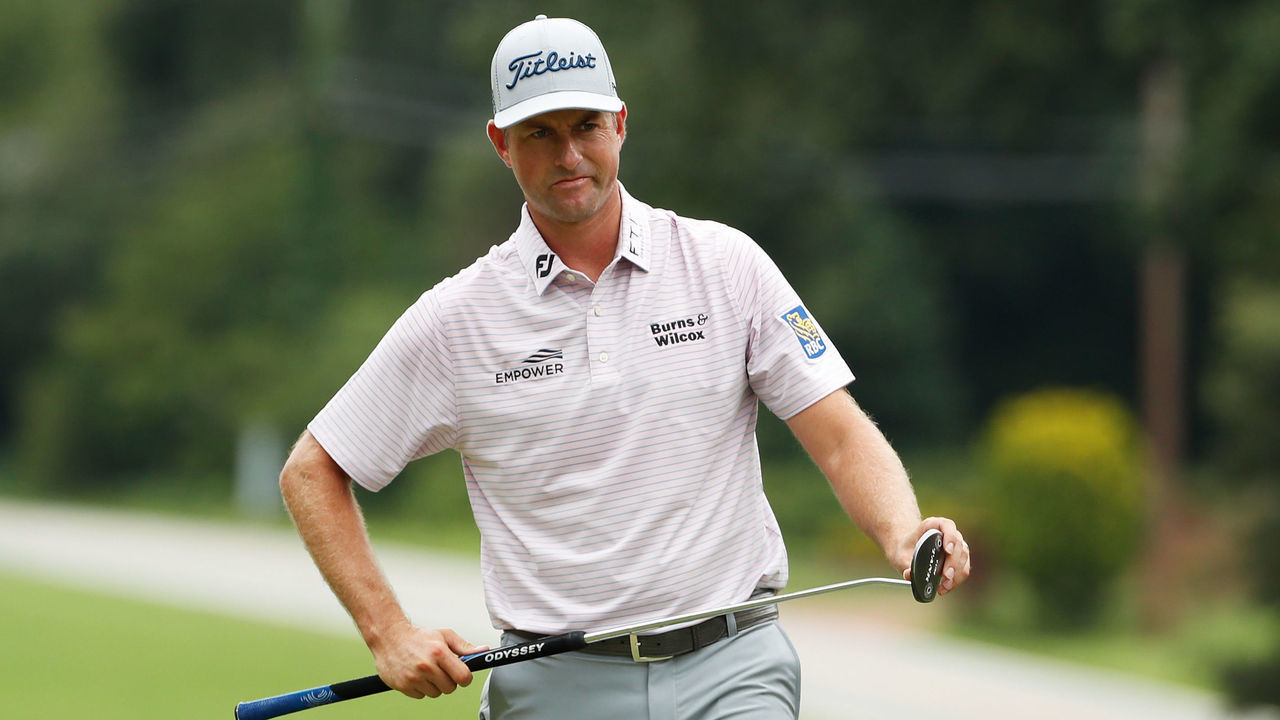 GREENSBORO, NORTH CAROLINA - AUGUST 15: Webb Simpson of the United States reacts on the 11th green during the third round of the Wyndham Championship at Sedgefield Country Club on August 15, 2020 in Greensboro, North Carolina.