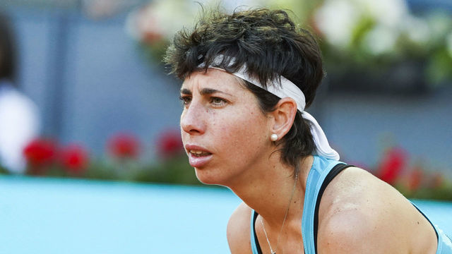 Carla Suarez Navarro of Spain in her match against Viktoria Kuzmova of Slovakia during day three of the Mutua Madrid Open at La Caja Magica on May 06, 2019 in Madrid, Spain.