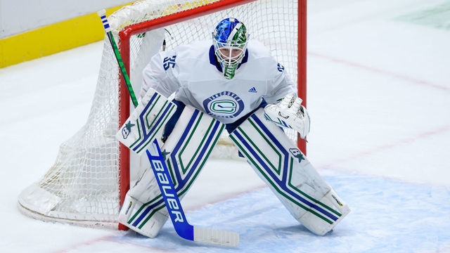 VANCOUVER, BC - JULY 16: Vancouver Canucks Goaltender Thatcher Demko (35) watches the play during the Vancouver Canucks Training Camp at Rogers Arena on July 16th, 2020 in Vancouver, British Columbia, Canada.