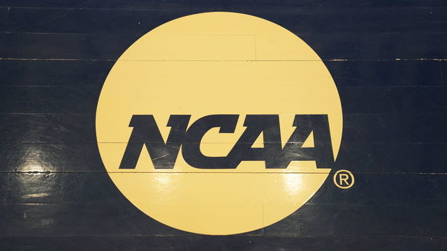WASHINGTON, DC - MARCH 03: The NCAA logo on the floor during a Atlantic 10 Women's Basketball Tournament - First Round college basketball game between the Richmond Spiders and the George Washington Colonials at the Smith Center on March 3, 2020 in Washington, DC.
