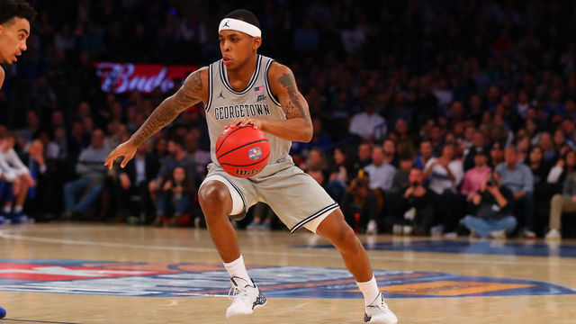 NEW YORK, NY - NOVEMBER 22: Georgetown Hoyas guard James Akinjo (3) during the second half of the 2K Empire Classic college basketball game between the Duke Blue Devils and the Georgetown Hoyas on November 22, 2019 at Madison Square Garden in New York, NY.