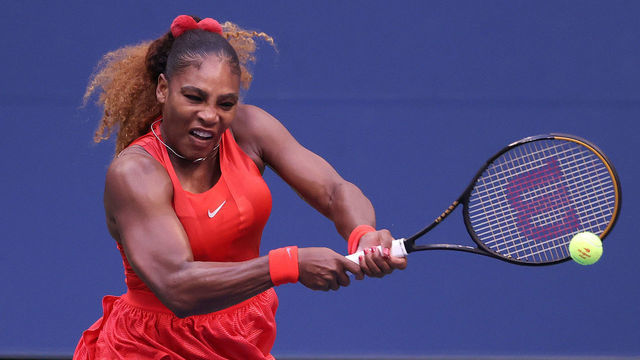 NEW YORK, NEW YORK - SEPTEMBER 01: Serena Williams of the United States returns the ball during her Women's Singles first round match against Kristie Ahn of the United States on Day Two of the 2020 US Open at the USTA Billie Jean King National Tennis Center on September 1, 2020 in the Queens borough of New York City.