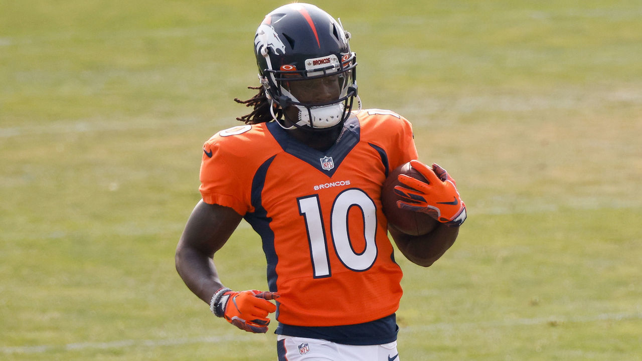 ENGLEWOOD, CO - AUGUST 21: Wide receiver Jerry Jeudy #10 of the Denver Broncos runs with the football during a training session at UCHealth Training Center on August 21, 2020 in Englewood, Colorado.