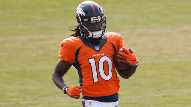 ENGLEWOOD, CO - AUGUST 21: Wide receiver Jerry Jeudy #10 of the Denver Broncos runs with the football during a training session at UCHealth Training Center on August 21, 2020 in Englewood, Colorado.