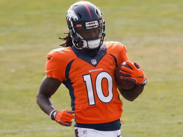ENGLEWOOD, CO - AUGUST 21: Wide receiver Jerry Jeudy #10 of the Denver Broncos runs with the football during a training session at UCHealth Training Center on August 21, 2020 in Englewood, Colorado.