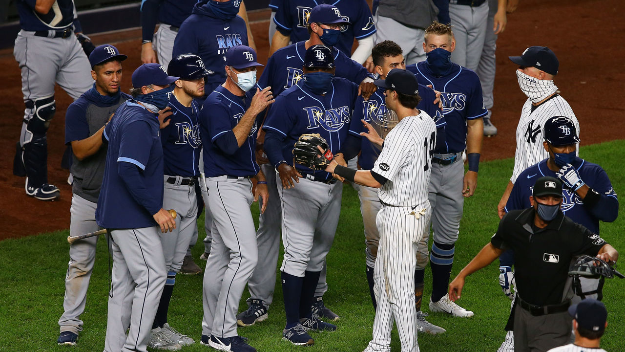 NEW YORK, NEW YORK - SEPTEMBER 01: New York Yankees and the Tampa Bay Rays exchanges words after the final out in the ninth inning at Yankee Stadium on September 01, 2020 in New York City.
