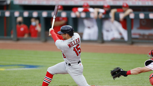 CINCINNATI, OH - SEPTEMBER 01: Brad Miller #15 of the St. Louis Cardinals drives in two runs with a double down the left field line in the first inning against the Cincinnati Reds at Great American Ball Park on September 1, 2020 in Cincinnati, Ohio.