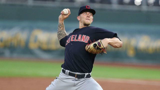 KANSAS CITY, MO - SEPTEMBER 01: Cleveland Indians starting pitcher Zach Plesac (34) in the first inning of an MLB game between the Cleveland Indians and Kansas City Royals on September 1, 2020 at Kauffman Stadium in Kansas City, MO.