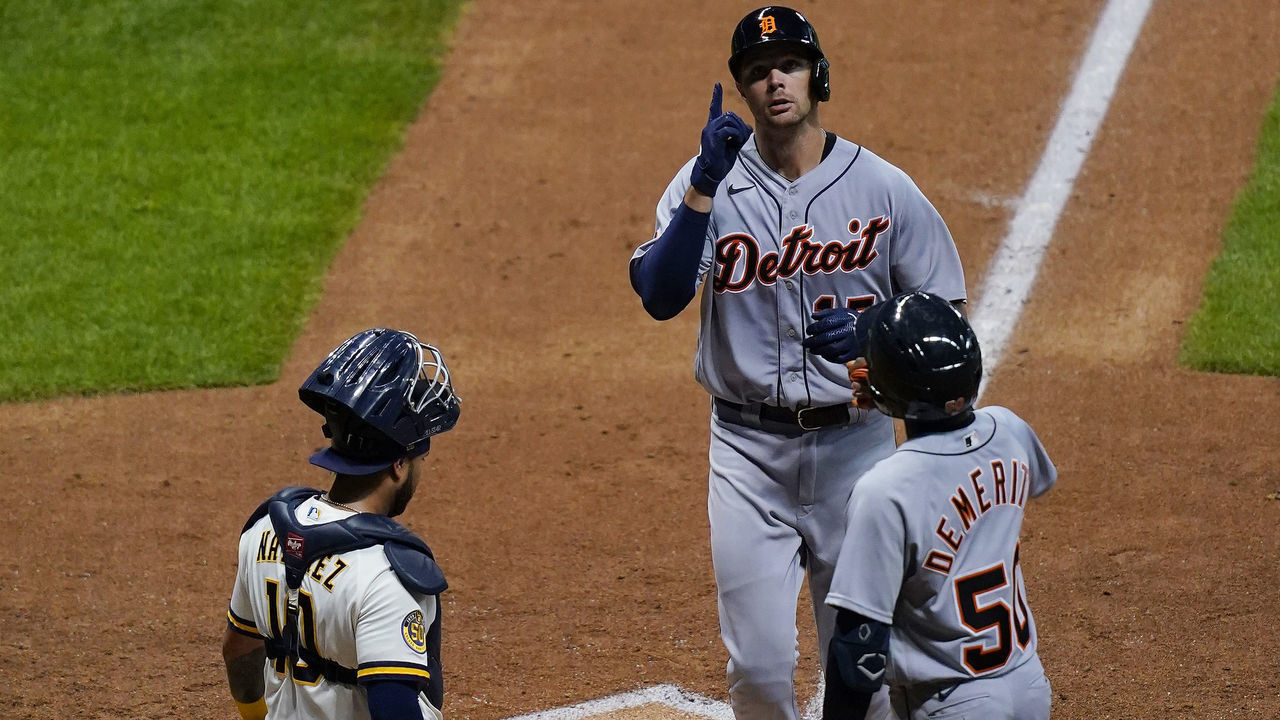 MILWAUKEE, WISCONSIN - SEPTEMBER 01: Grayson Greiner #17 of the Detroit Tigers is congratulated by Travis Demeritte #50 at home plate following a two-run home run against the Milwaukee Brewers during the ninth inning at Miller Park on September 01, 2020 in Milwaukee, Wisconsin.