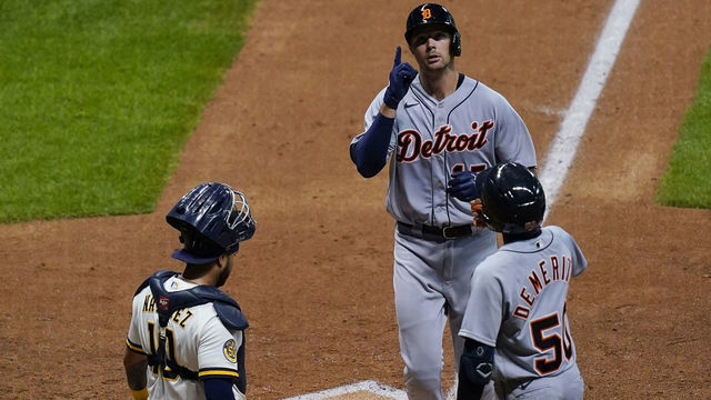 MILWAUKEE, WISCONSIN - SEPTEMBER 01: Grayson Greiner #17 of the Detroit Tigers is congratulated by Travis Demeritte #50 at home plate following a two-run home run against the Milwaukee Brewers during the ninth inning at Miller Park on September 01, 2020 in Milwaukee, Wisconsin.