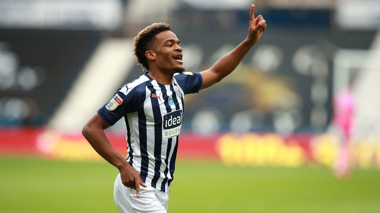 WEST BROMWICH, ENGLAND - JULY 05: Grady Diangana of West Bromwich Albion celebrates after scoring their fourth goal during the Sky Bet Championship match between West Bromwich Albion and Hull City at The Hawthorns on July 05, 2020 in West Bromwich, England.