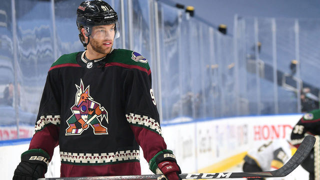 EDMONTON, ALBERTA - JULY 30: Taylor Hall #91 of the Arizona Coyotes attends warm ups before the exhibition game against the Vegas Golden Knights prior to the 2020 NHL Stanley Cup Playoffs at Rogers Place on July 30, 2020 in Edmonton, Alberta.