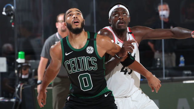 Orlando, FL - SEPTEMBER 1: Jayson Tatum #0 of the Boston Celtics plays defense against the Toronto Raptors during Game Two of the Eastern Conference Semifinals of the NBA Playoffs on September 1, 2020 in Orlando, Florida at The Field House. NOTE TO USER: User expressly acknowledges and agrees that, by downloading and/or using this Photograph, user is consenting to the terms and conditions of the Getty Images License Agreement. Mandatory Copyright Notice: Copyright 2020 NBAE