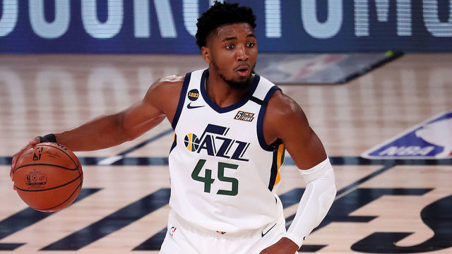 LAKE BUENA VISTA, FLORIDA - SEPTEMBER 01: Donovan Mitchell #45 of the Utah Jazz dribbles the ball during the third quarter against the Denver Nuggets in Game Seven of the Western Conference First Round during the 2020 NBA Playoffs at AdventHealth Arena at ESPN Wide World Of Sports Complex on September 01, 2020 in Lake Buena Vista, Florida.