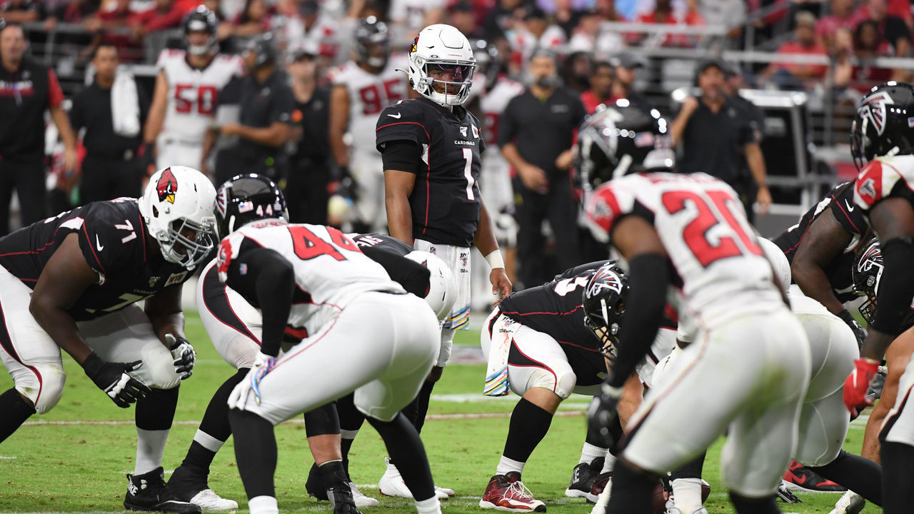 GLENDALE, ARIZONA - OCTOBER 13: Kyler Murray #1 of the Arizona Cardinals looks over the defense prior to taking the snap from under center against the Atlanta Falcons at State Farm Stadium on October 13, 2019 in Glendale, Arizona.