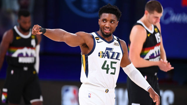 ORLANDO, FL - SEPTEMBER 1: Donovan Mitchell #45 of the Utah Jazz smiles during a game against the Denver Nuggets during Round One, Game Seven of the NBA Playoffs on September 1, 2020 at the AdventHealth Arena at ESPN Wide World Of Sports Complex in Orlando, Florida. NOTE TO USER: User expressly acknowledges and agrees that, by downloading and/or using this Photograph, user is consenting to the terms and conditions of the Getty Images License Agreement. Mandatory Copyright Notice: Copyright 2020 NBAE