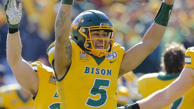 FRISCO, TX - JANUARY 11: North Dakota State Bison quarterback Trey Lance (5) celebrates winning the NCAA Division I Football Championship Game between the North Dakota State Bison and the James Madison Dukes on January 11, 2020 at Toyota Stadium in Frisco, Texas.