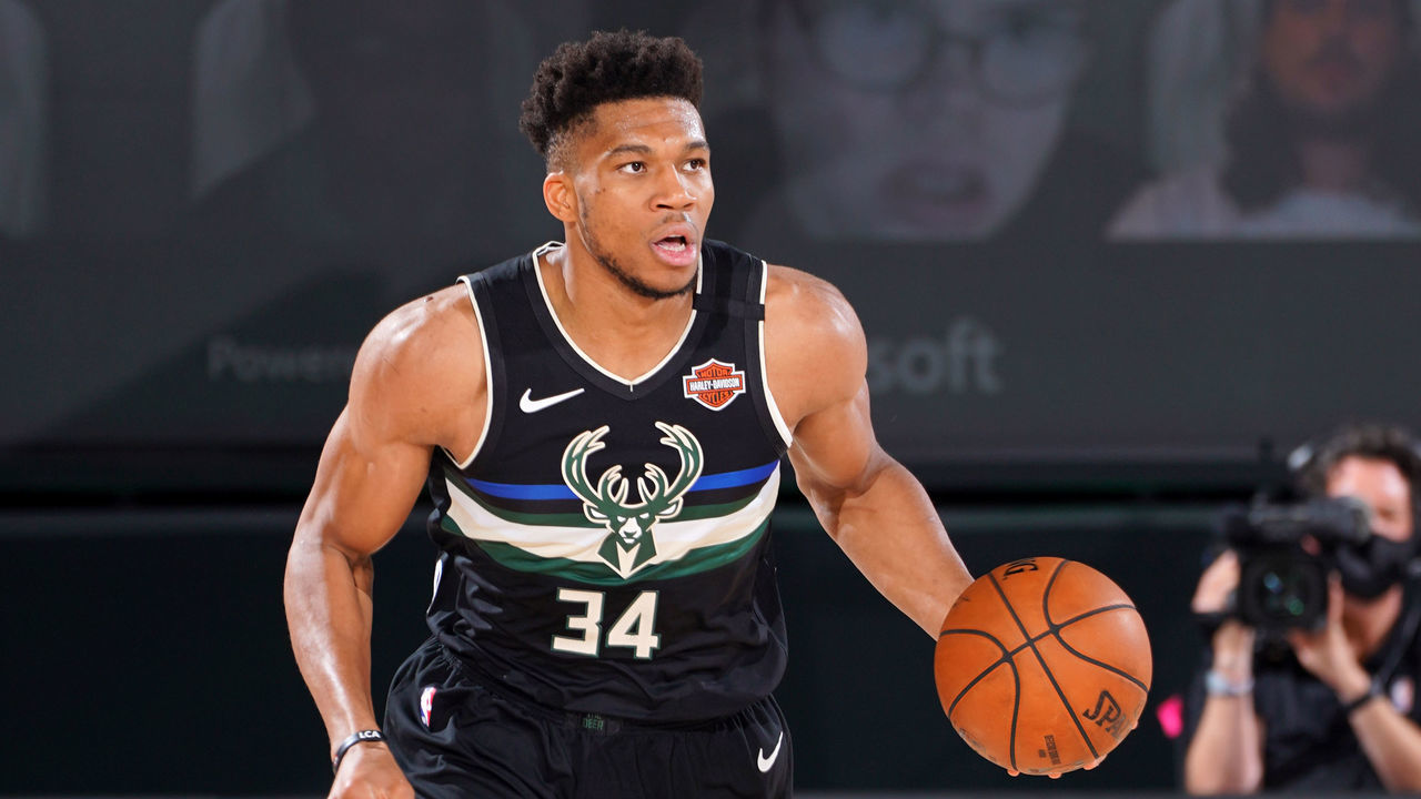 ORLANDO, FL - SEPTEMBER 2: Giannis Antetokounmpo #34 of the Milwaukee Bucks handles the ball against the Miami Heat during Game Two of the Eastern Conference Semifinals of the NBA Playoffs on September 2, 2020 at the The Field House at ESPN Wide World Of Sports Complex in Orlando, Florida. NOTE TO USER: User expressly acknowledges and agrees that, by downloading and/or using this Photograph, user is consenting to the terms and conditions of the Getty Images License Agreement. Mandatory Copyright Notice: Copyright 2020 NBAE