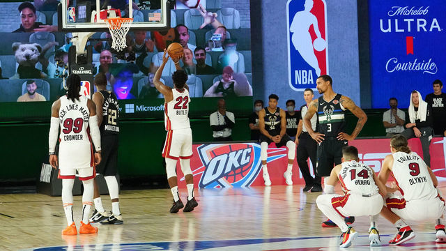 ORLANDO, FL - SEPTEMBER 2: Jimmy Butler #22 of the Miami Heat shoots free throws to win the game against the Milwaukee Bucks during Game Two of the Eastern Conference Semifinals of the NBA Playoffs on September 2, 2020 at the The Field House at ESPN Wide World Of Sports Complex in Orlando, Florida. NOTE TO USER: User expressly acknowledges and agrees that, by downloading and/or using this Photograph, user is consenting to the terms and conditions of the Getty Images License Agreement. Mandatory Copyright Notice: Copyright 2020 NBAE