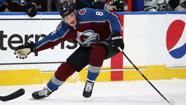 EDMONTON, ALBERTA - AUGUST 22: Cale Makar #8 of the Colorado Avalanche skates the puck through the neutral zone in the second period of Game one of the Western Conference Second Round of the 2020 NHL Stanley Cup Playoff between the Dallas Stars and the Colorado Avalanche at Rogers Place on August 22, 2020 in Edmonton, Alberta.