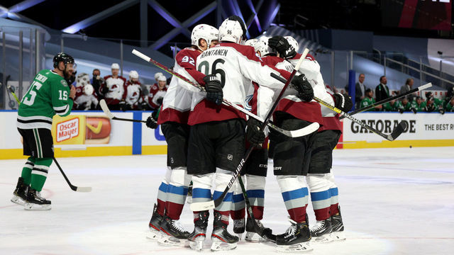 EDMONTON, ALBERTA - SEPTEMBER 02: Cale Makar #8 of the Colorado Avalanche celebrates his goal against the Dallas Stars with teammates during the second period of Game Six of the Western Conference Second Round during the 2020 NHL Stanley Cup Playoffs at Rogers Place on September 02, 2020 in Edmonton, Alberta.