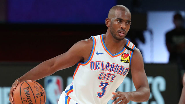 Orlando, FL - SEPTEMBER 2: Chris Paul #3 of the Oklahoma City Thunder handles the ball during the game against the Houston Rockets during Round One Game Seven of the NBA Playoffs on September 2, 2020 at The AdventHealth Arena at ESPN Wide World Of Sports Complex in Orlando, Florida. NOTE TO USER: User expressly acknowledges and agrees that, by downloading and/or using this Photograph, user is consenting to the terms and conditions of the Getty Images License Agreement. Mandatory Copyright Notice: Copyright 2020 NBAE