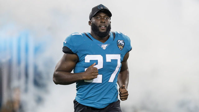 JACKSONVILLE, FLORIDA - SEPTEMBER 19: Leonard Fournette #27 of the Jacksonville Jaguars enters the field before the start of a game against the Tennessee Titans at TIAA Bank Field on September 19, 2019 in Jacksonville, Florida.