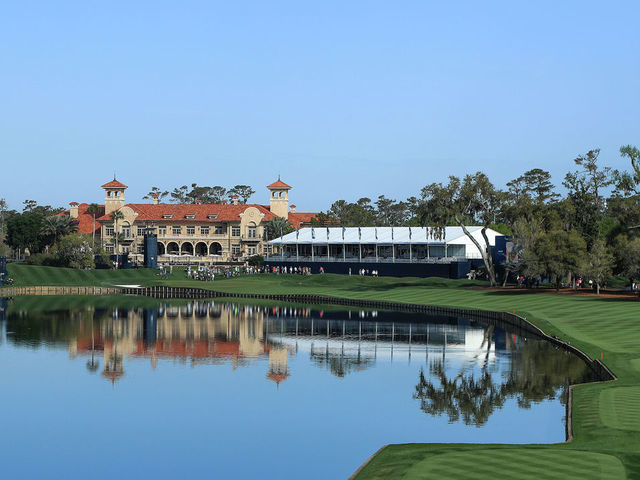 PONTE VEDRA BEACH, FLORIDA - MARCH 11: A general view of the 18th hole and the clubhouse are seen during a practice round prior to The PLAYERS Championship on The Stadium Course at TPC Sawgrass on March 11, 2020 in Ponte Vedra Beach, Florida.