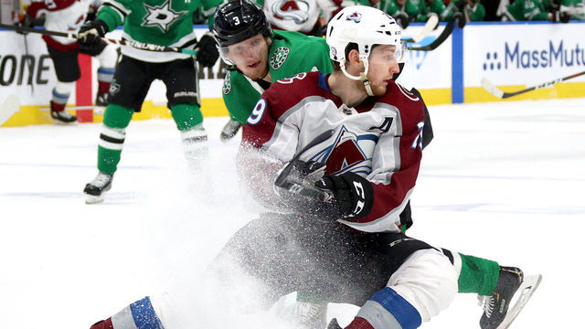 EDMONTON, ALBERTA - SEPTEMBER 02: John Klingberg #3 of the Dallas Stars and Nathan MacKinnon #29 of the Colorado Avalanche collide during the second period of Game Six of the Western Conference Second Round during the 2020 NHL Stanley Cup Playoffs at Rogers Place on September 02, 2020 in Edmonton, Alberta.